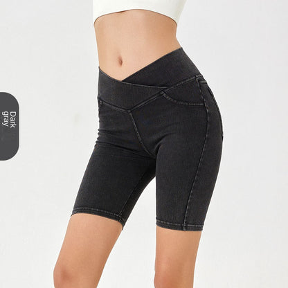 High-Waist Stretchy Denim Shorts with Pockets – Slimming Casual Fitness Shorts