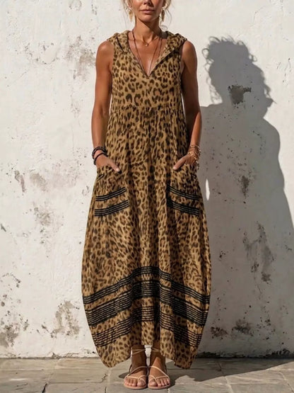 Full Size Sleeveless Hooded Leopard Print Maxi Dress with Pockets Plus Size