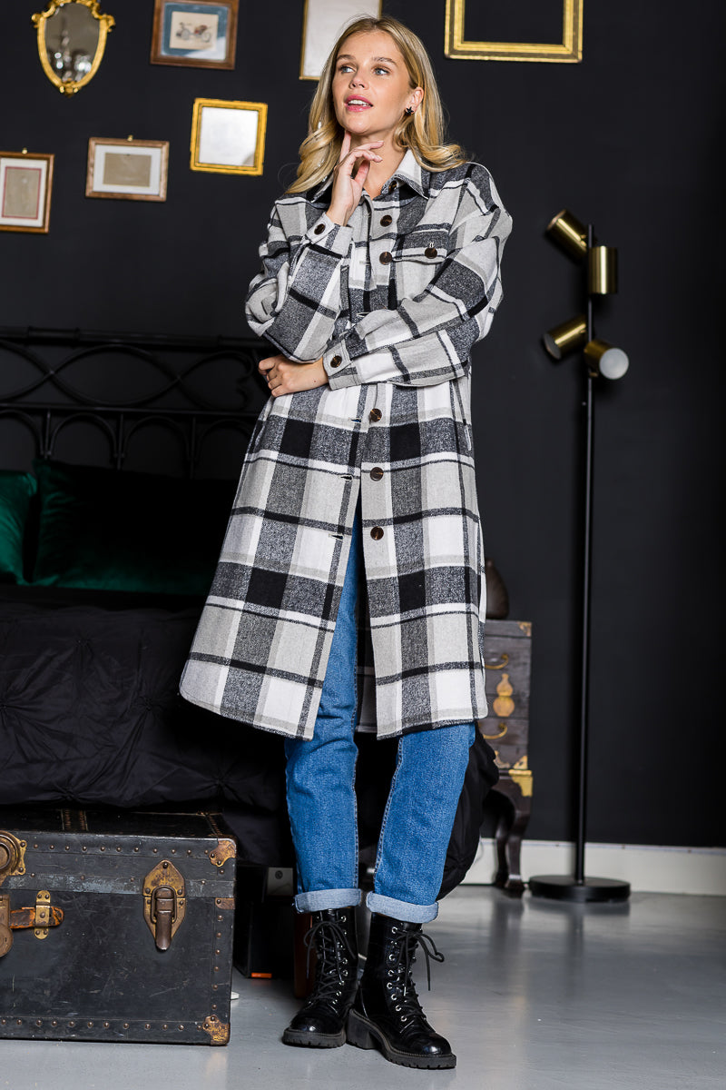 WK0034 Plaid Casual Long Shacket