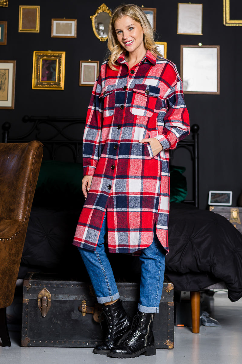 WK0034 Plaid Casual Long Shacket