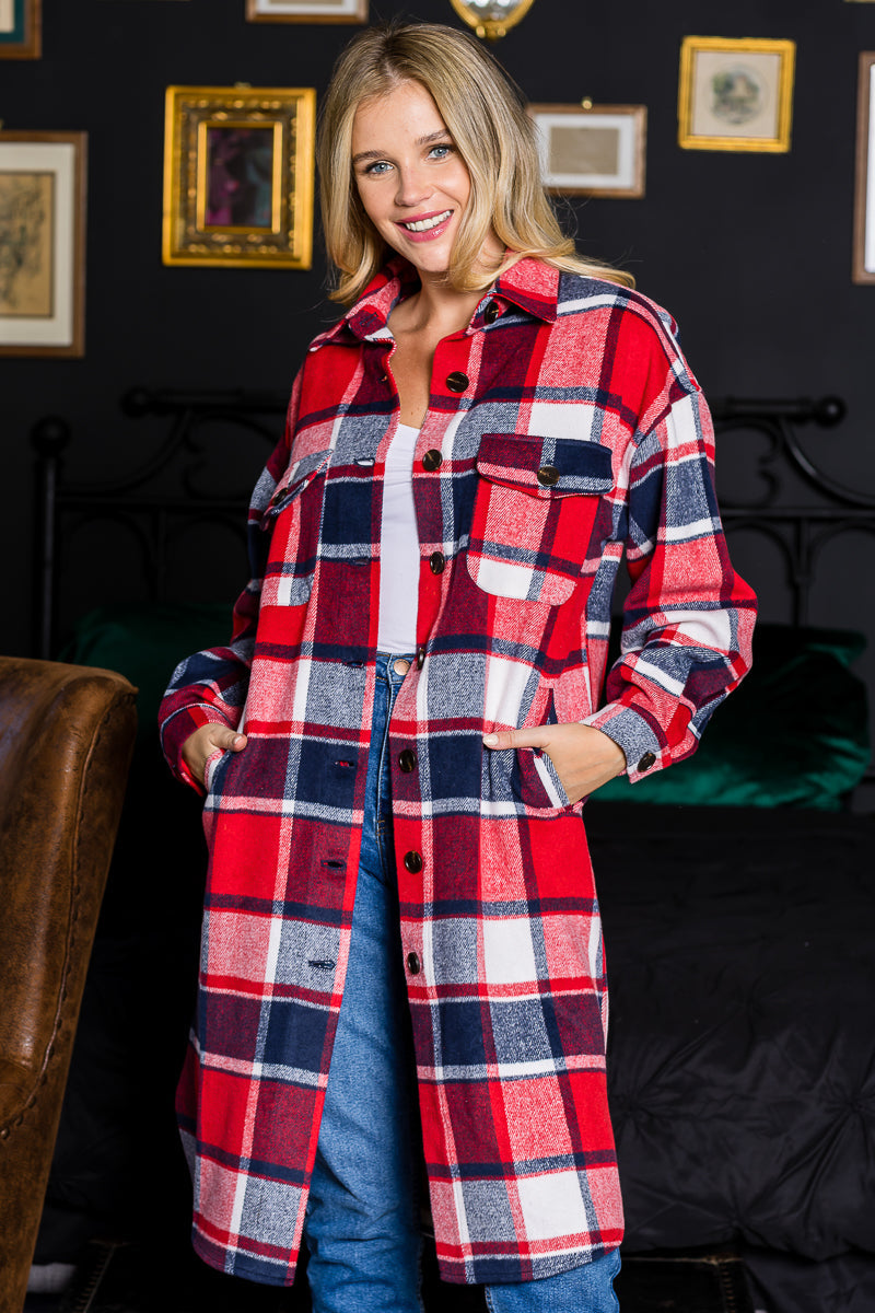 WK0034 Plaid Casual Long Shacket