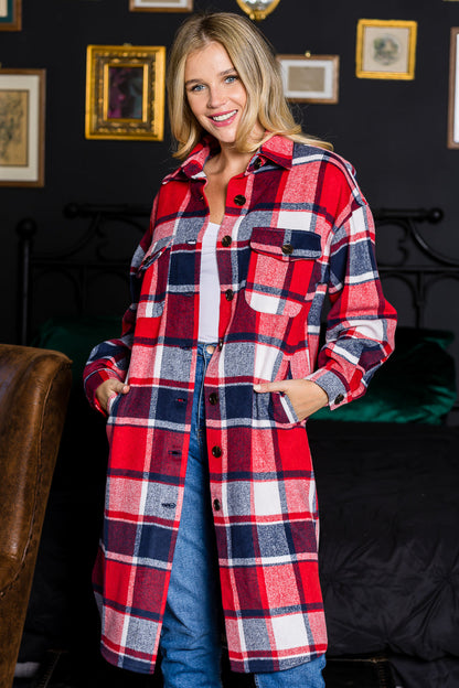 WK0034 Plaid Casual Long Shacket