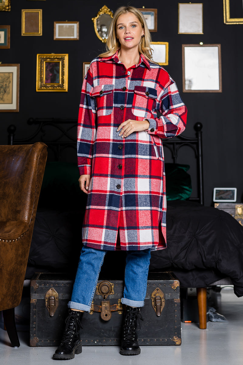WK0034 Plaid Casual Long Shacket
