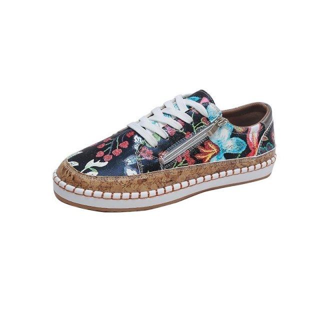 New Popular Womens Shoes Colorful Beautiful Flower Printing Shoes Lace-up Flat Women's Casual Womens Sneakers High-Quality Women's White Sports Casual Couple Shoes Summer Trainers Walking Sneakers